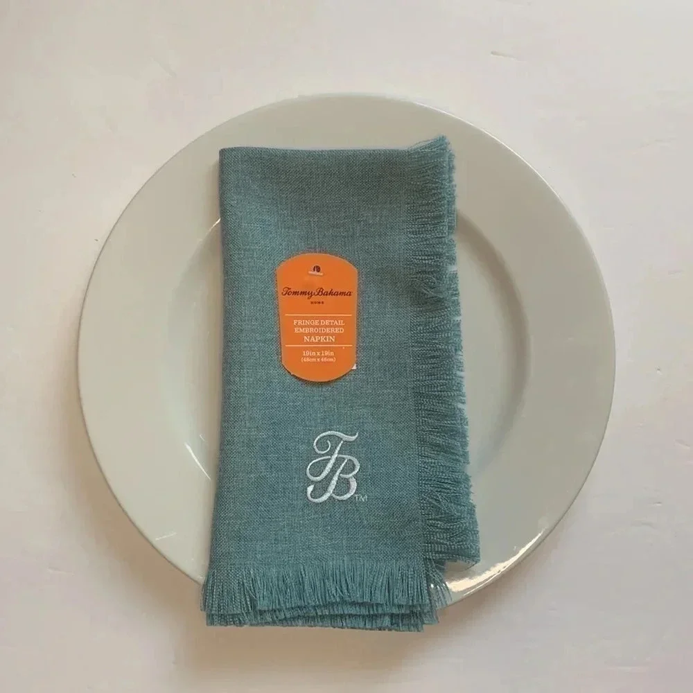 Tommy Bahama Napkins Aqua Fringe Detail TB Embroidered Set of 4 New